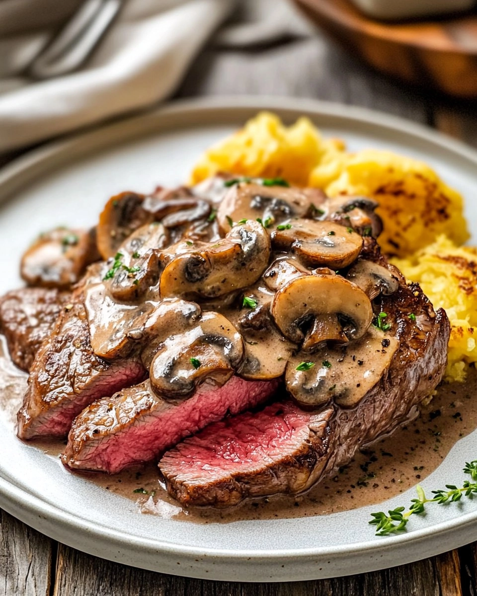 Pink Roasted Steak with Mushroom Sauce 