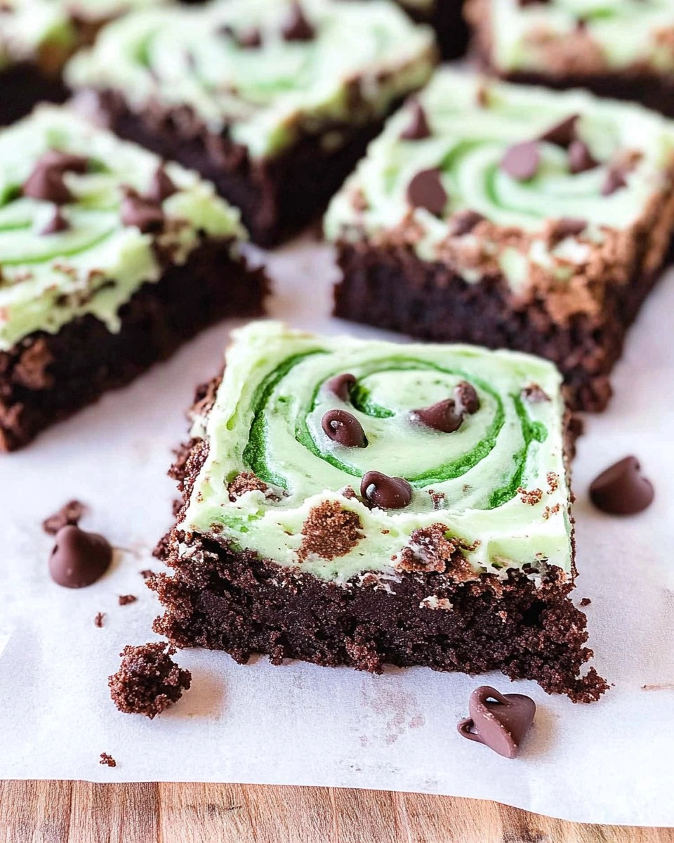 Mint Chocolate Chip Brownies with Green Swirl Frosting
