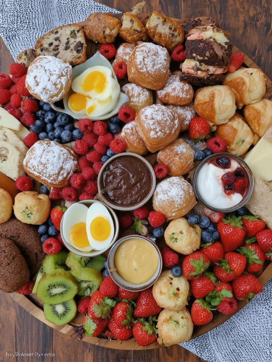 Spring Brunch Board with Eggs, Pastries, Fruit & Dips