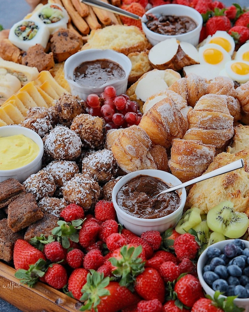 Spring Brunch Board with Eggs, Pastries, Fruit & Dips